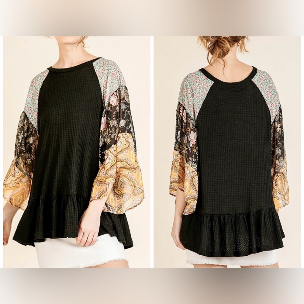 Womens Umgee Floral Paisley Mixed Print Bell Sleeve Ruffle Waffle Knit Top Large